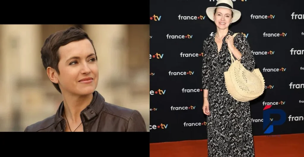 Sophie Jovillard et son mari : Sophie Jovillard en portrait à gauche et Sophie Jovillard sur tapis rouge France.tv à droite dans un montage photo.