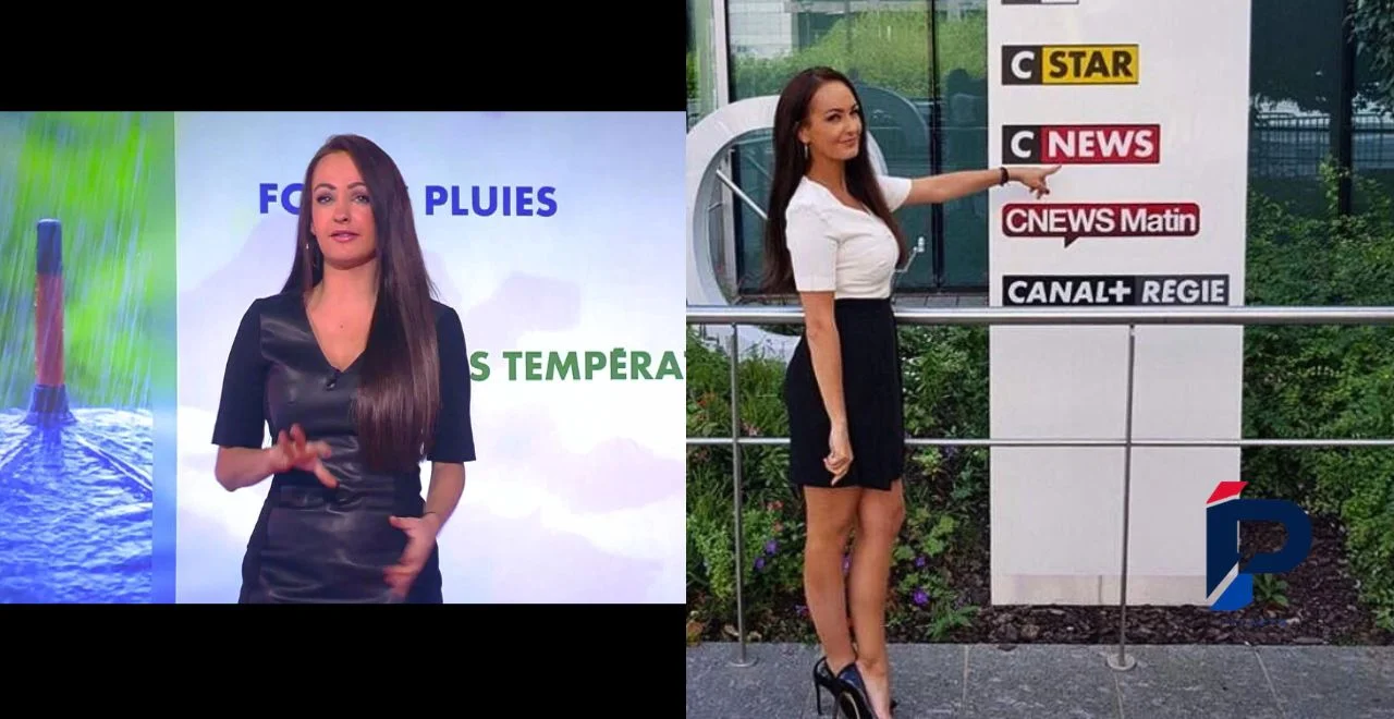 Alexandra Blanc âge taille, Alexandra Blanc présentatrice météo sur CNews avec une image en studio météo et une photo devant les locaux CNews.