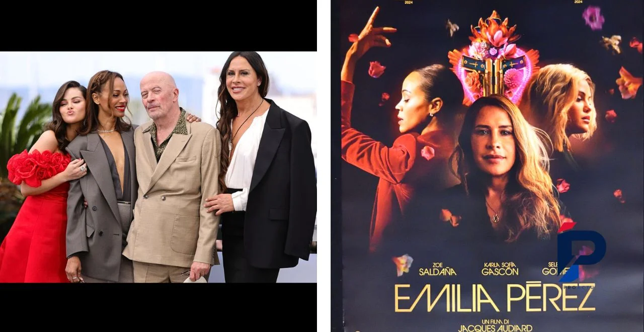 emilia perez histoire vraie with Karla Sofía Gascón, Zoe Saldaña, Selena Gomez and Adriana Paz on the left, and Emilia Pérez film poster on the right