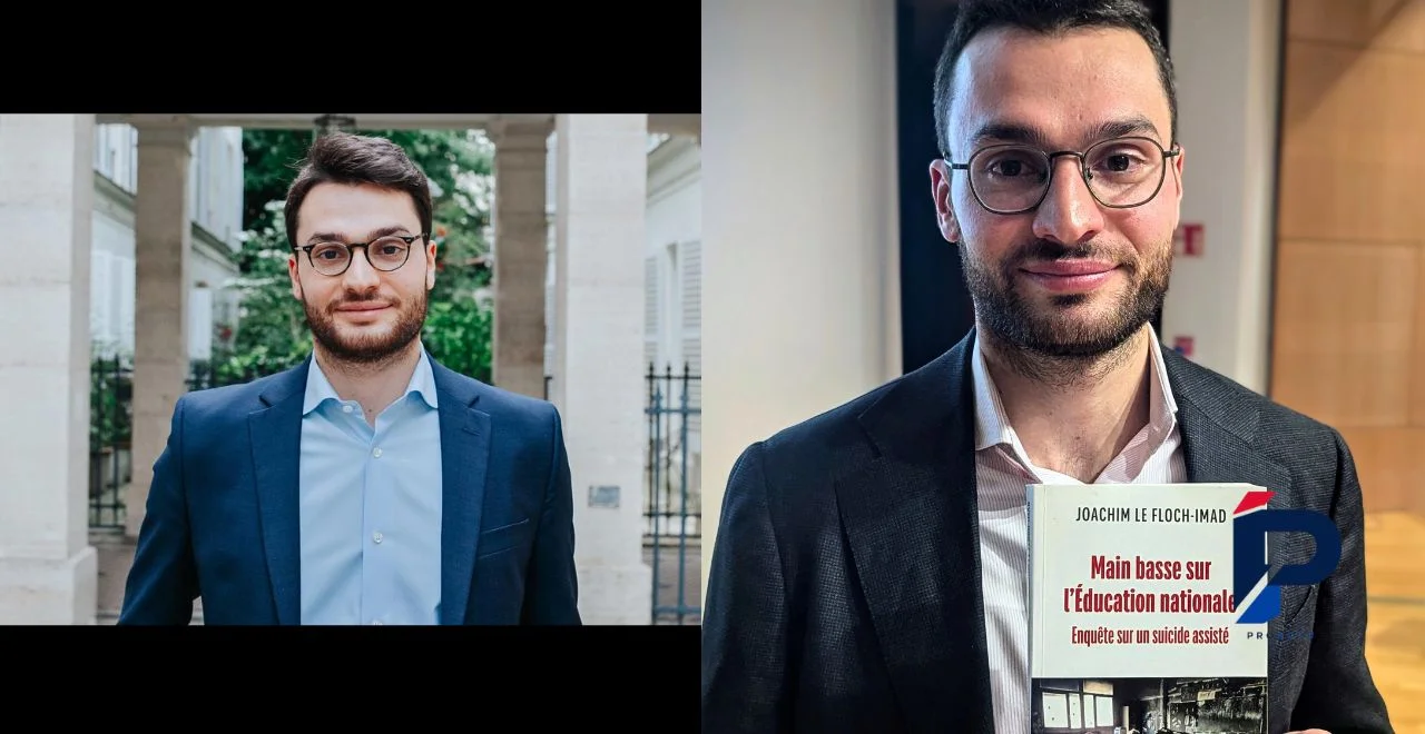 Joachim Le Floch-Imad biographie, portraits de Joachim Le Floch-Imad avec le livre Main basse sur l’Éducation nationale